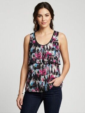 NWOT Milano Black Neon Satin Abstract Tiered Sleeveless Top Blouse L